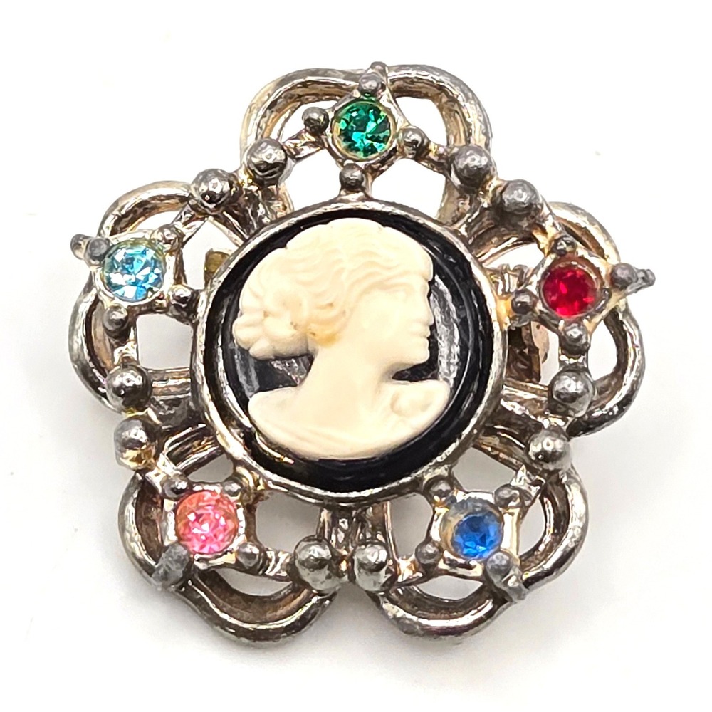 Vintage Cameo Brooch Silver Tone Multi Color Rhinestone Pin Lady Profile 1.25"